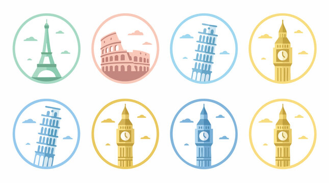 Flat vector icon set of famous world travel landmarks