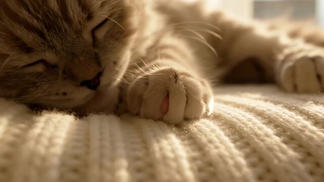 Fluffy ginger cat sleeping on white knit blanket in warm sunlight
