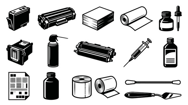 Printer Ink and Toner Refill Supplies, Office Maintenance Tools - Black and White Line Art Vector Icons