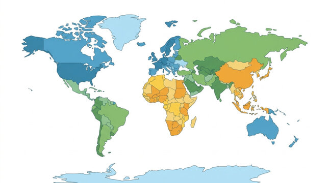 Colorful World Map Showing Continents and Countries.