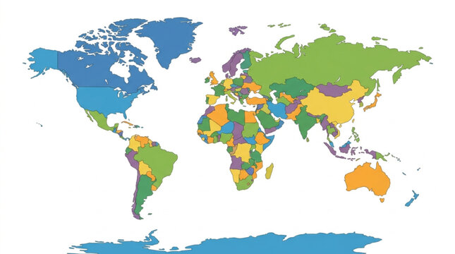 Colorful World Map Showing Continents and Countries.