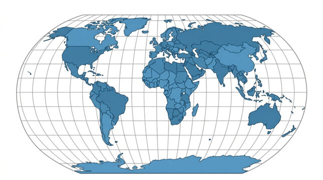 World Map Showing Continents and Oceans with Latitude and Longitude Lines.