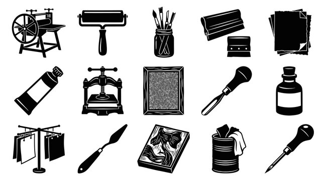 Traditional Printmaking Art  Craft Tools Glyph Icons Set. Monochrome Vector Equipment Collection.