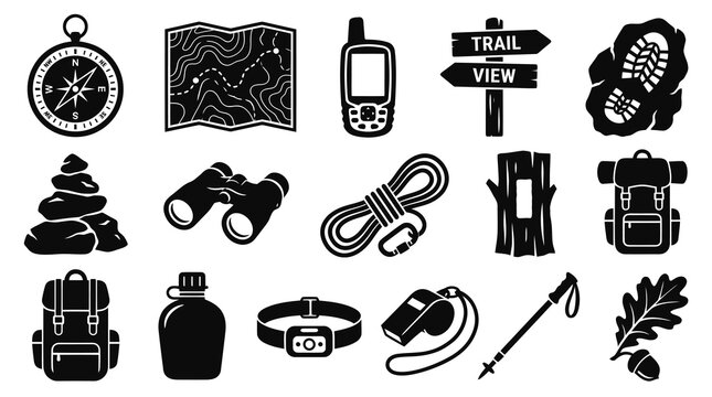 Black  White Glyph Icons for Hiking and Camping: Compass, Map, Binoculars, Backpack