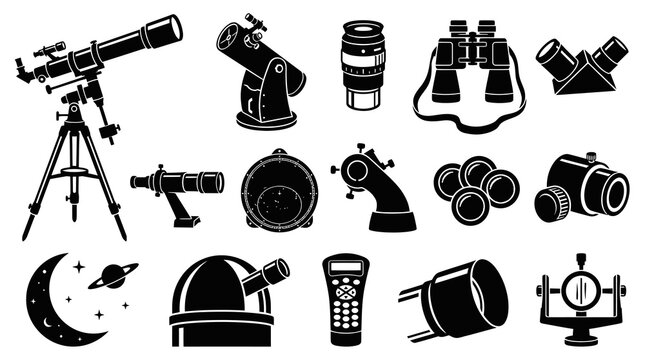 Black and White Glyph Icons Set of Astronomy Equipment, Telescopes and Space Observation Tools.
