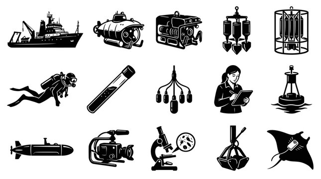 Oceanography Marine Science Glyph Icons Set: Underwater Exploration, Research Tools, Vessels, Diver