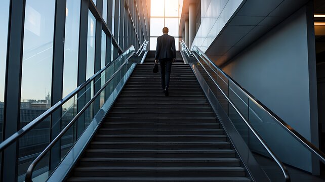 Business professional walking up escalator in modern office building