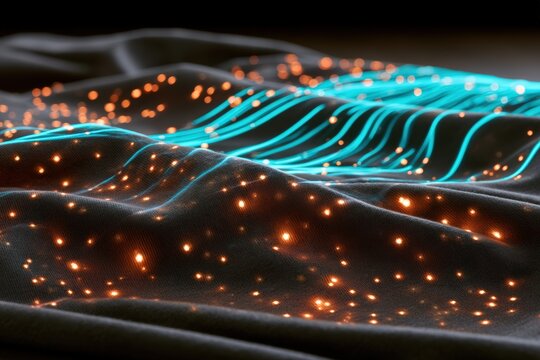 Macro shot of smart fabric woven with dark cotton and glowing neon threads showing fiber textures for sustainable cyberpunk fashion.