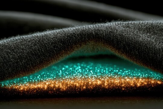 Macro shot of smart fabric woven with dark cotton and glowing neon threads showing fiber textures for sustainable cyberpunk fashion.