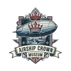 Airship Crown Museum vintage steampunk blimp illustration. © Praasm