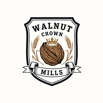 Agricultural mill emblem featuring a crowned walnut and wheat.