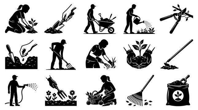 Black and White Silhouette Vector Icons of Gardening Tools and Activities - Gardeners Planting, Watering, Weeding, and Cultivating