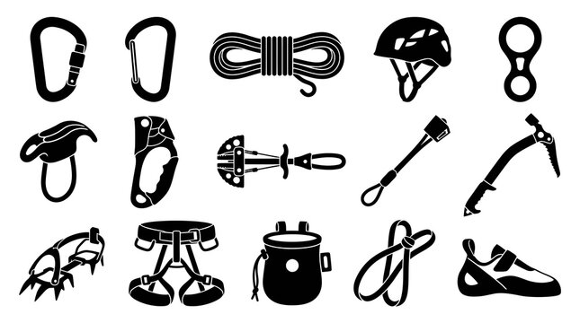 Black and White Icons of Climbing Gear and Equipment for Adventure Sports