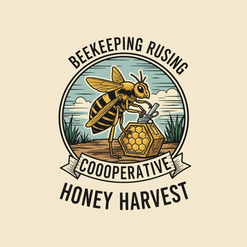 Beekeeping Cooperative honey harvest logo with bee and honeycomb.