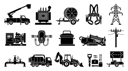 Obraz premium Black and White Icons of Electrical Industry Equipment and Machinery