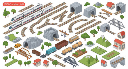 Isometric railway constructor kit with trains tracks and scenery © afam