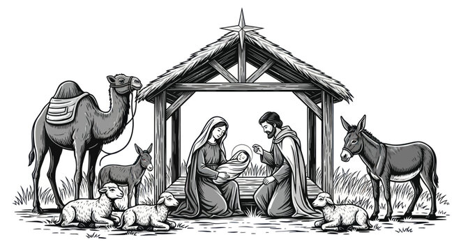 Nativity scene with holy family and farm animals in a stable
