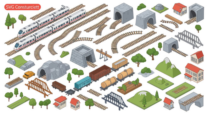 Isometric railway constructor kit with trains tracks and scenery
