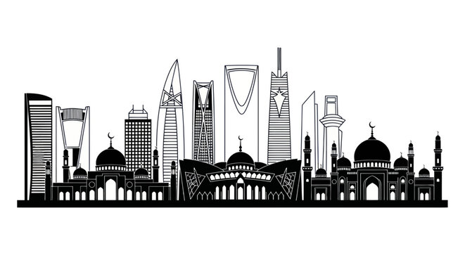 Riyadh city skyline with modern skyscrapers and traditional mosques