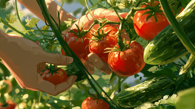 Hands Harvesting Fresh Summer Vegetables in a Home Garden
家庭菜園で夏野菜を収穫する手元の風景