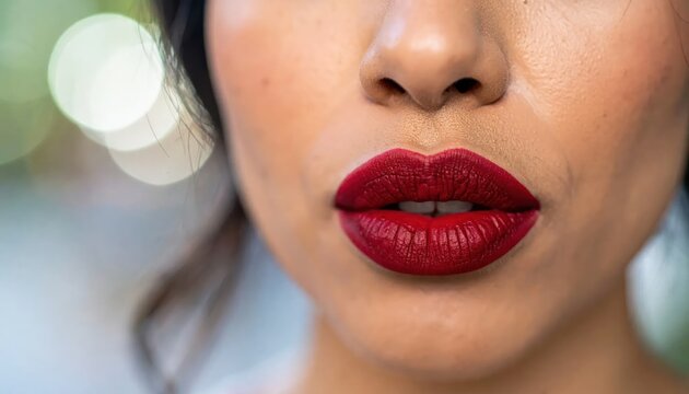 Close-up of a person's face showcasing bold red lipstick, focused on lips