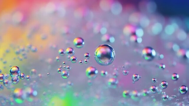 A vivid macro scene of iridescent bubbles perched on a glossy surface, catching light in a spectrum of pinks, blues, greens, and yellows, with tiny droplets forming a glittering mosaic. in soft focus