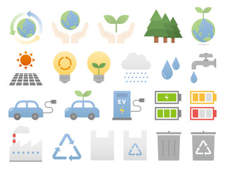 Naklejka premium Eco Friendly and SDGs Icon Vector Illustration Set: Flat Green Energy, Recycling, Electric Vehicle, Solar Power, and Environment Protection Elements Isolated on White