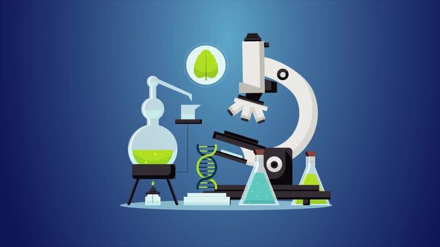 A scientist examines various laboratory equipment including a microscope and test tubes in a science laboratory setting.