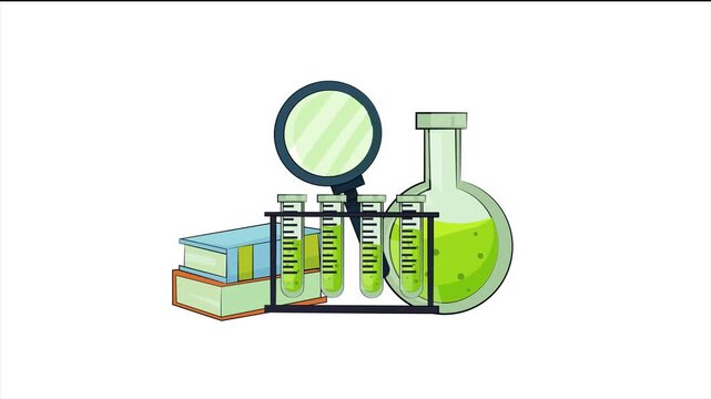 A scientist examines green liquids in flasks and beaker with magnifying glass and books nearby.