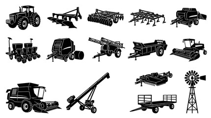 Obraz premium Farming and Agriculture Machinery Icons Set - Black White Silhouette Glyph Farm Equipment Collection