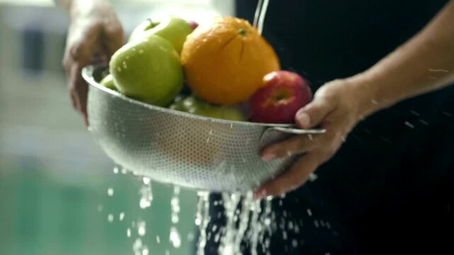 Hands holding a colander with fresh fruit being washed under running water