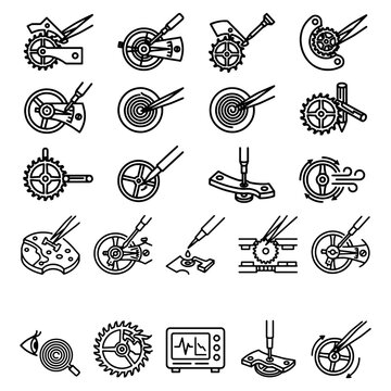 Horology mechanical watch repair and micro engineering grid. Flat black outlines of professional clockwork maintenance and calibration tools isolated on white background.