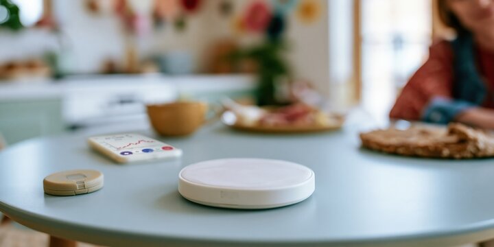 Blue matte table surface with a continuous glucose monitor and smartphone displaying a health graph for diabetes management and dietary tracking