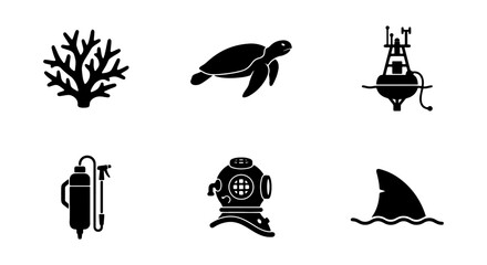 Nautical Icons Set: Coral, Turtle, Buoy, Scuba Gear, Diving Helmet, Shark Fin © sabina