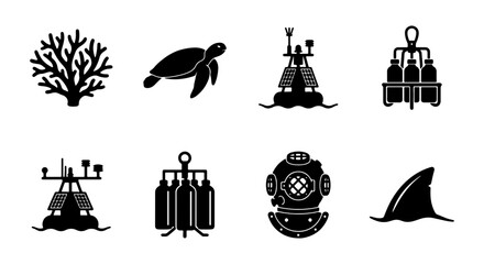 Nautical Icons Set: Coral, Turtle, Buoys, Bottles, Diver Helmet, Shark Fin, Marine Life © sabina