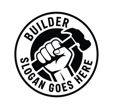Hand holding hammer logo design vector, professional emblem featuring construction tool and worker hand symbol for carpentry, handyman services, contractors, repair businesses, and trade branding