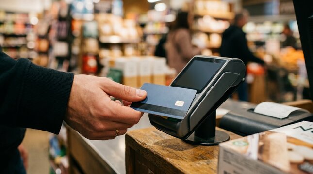Side-angle close-up of a card payment at a retail checkout terminal