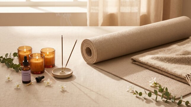 A serene yoga and meditation setup with candles, incense, essential oils, and a yoga mat.