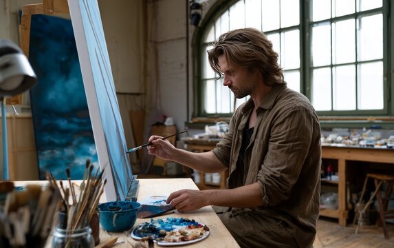 Artist Creating Abstract Painting in Bright Studio Setting