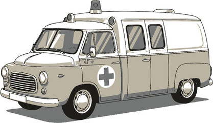 Vintage ambulance van with red cross symbol isolated Vector © Mim