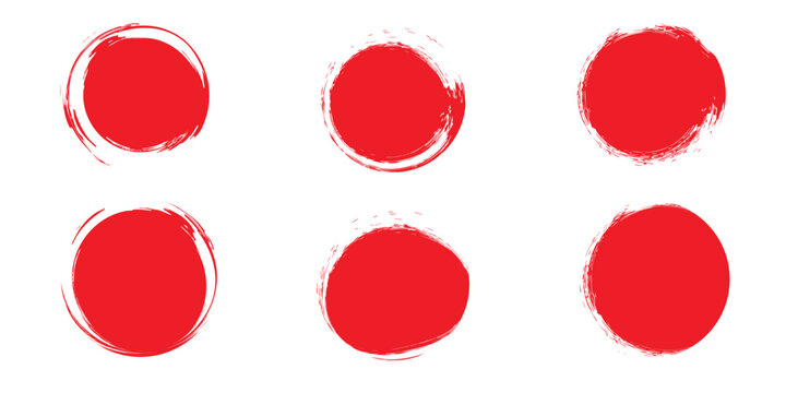 Set of vector red brush circles. Rough textured hand painted Japanese flag. Sponge stamp grungy red ink blobs, splashes. Abstract watercolor Japan flag illustration. Symbol of sun, calligraphy art