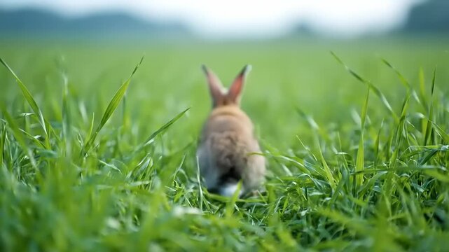 Cute rabbit hopping through lush green grass in a field.