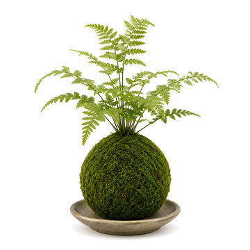 Japanese Kokedama Moss Ball Fern Plant 3D Clay Render