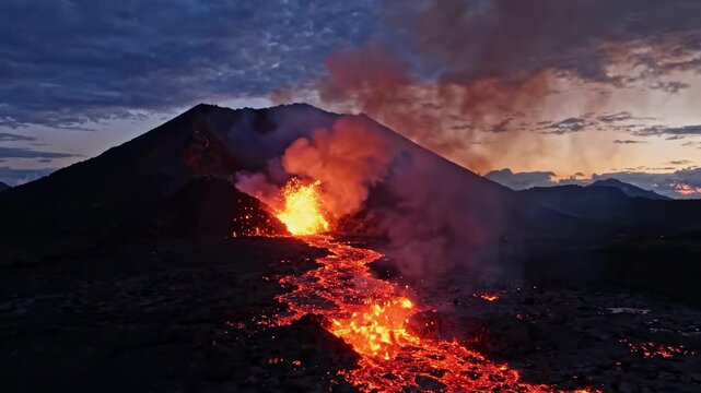 Volcano erupting at dusk with glowing lava and ash spewing