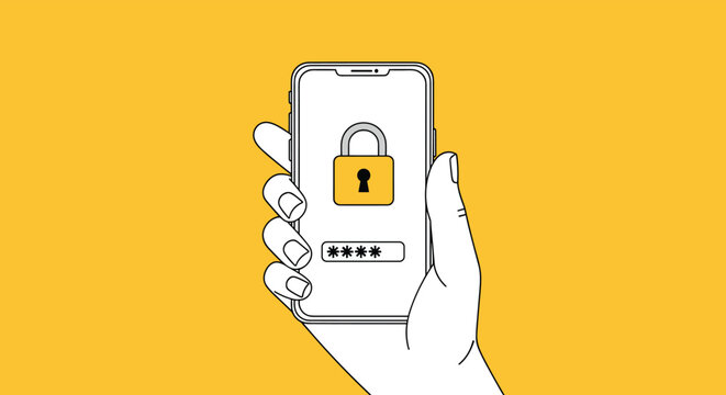 Hand holding a smartphone with a locked padlock security icon and PIN code password input screen on a bright solid yellow background.