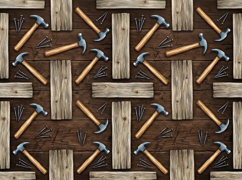 Repeating pattern of hammers and nails on a wooden plank background