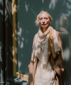 A mature woman in a soft camel coat posing by a window with dd light for slow-fashion branding and outerwear editorial campaigns