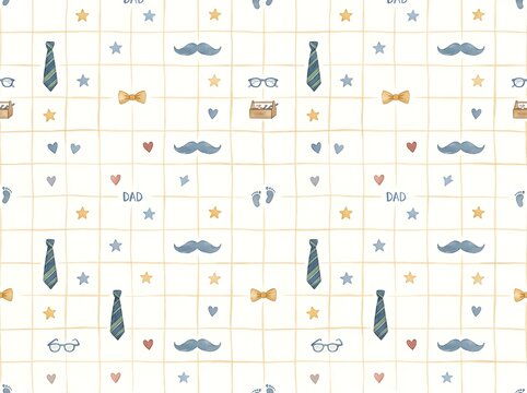 Seamless pattern with mustaches ties bowties and glasses on grid background