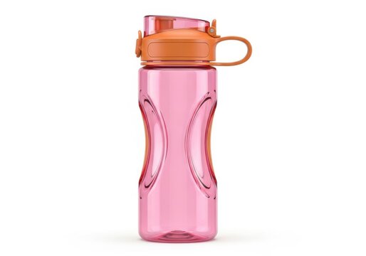 Pink reusable water bottle with orange lid and handle on white background isolated on white background