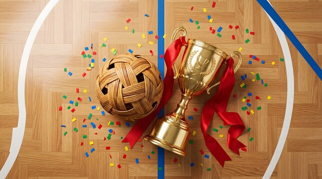 Sepak Takraw championship trophy and rattan ball on wooden court with confetti